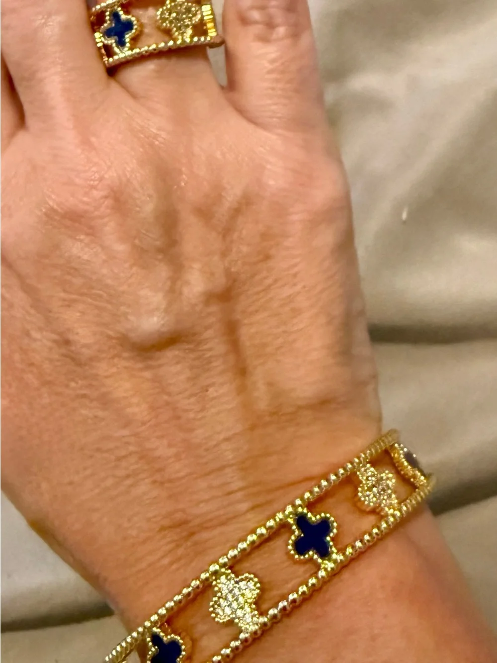 Gold & Blue Clover Cuff Bracelet + Ring Set